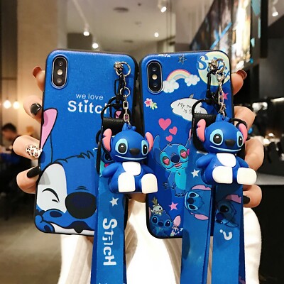 For Various Phone Case Cute 3D Cartoon Stitch Doll Pendant Stand + Strap Cover