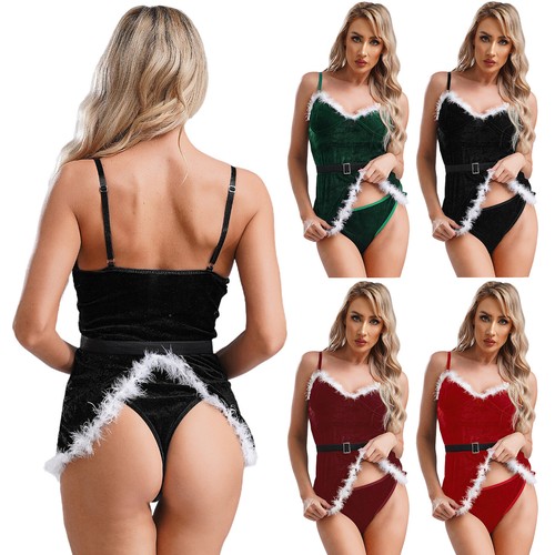 FEESHOW AU Womens Velvet Bodysuit One-piece Santa Claus Dress Slip Skirted V - Picture 2 of 50