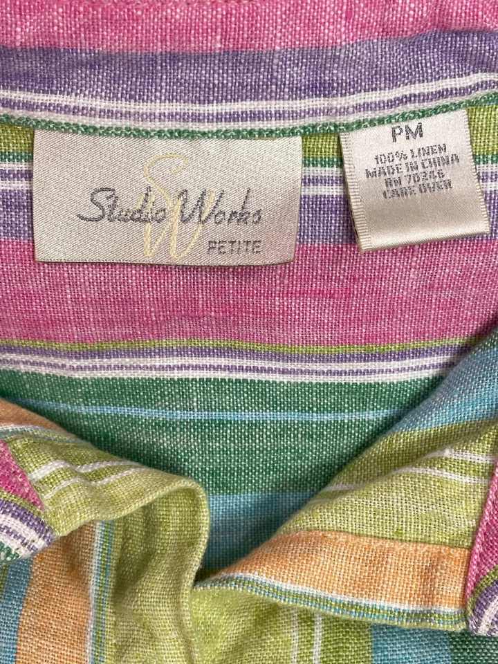 Studio Works Womens 100% Linen Casual Stripe Long Sleeve Shirt Size Petite M — 第 3/4 张图片