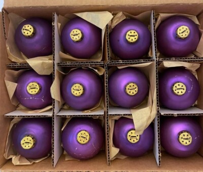 Vintage Rauch Magic Purple Satin Glass 12 Piece Ornament Set In Original Box