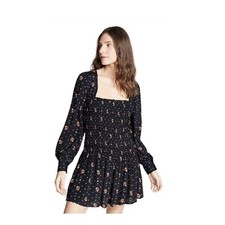 Free People Black Floral Smocked Square Neck Mini Dress Long Sleeve Size XS