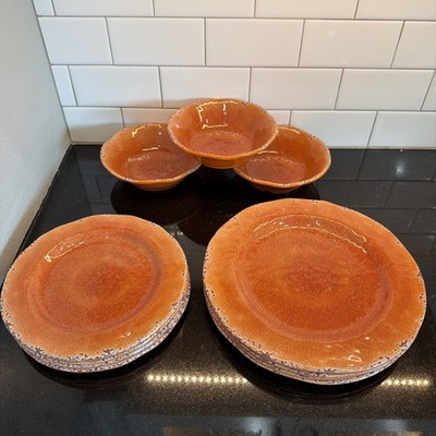SET OF 11 Pier 1 One Carmelo Melamine  Dinner Salad Plates Bowls Orange Crackle