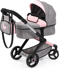 : Pram Xeo: Butterfly Grey  Pink - Matching Handbag, Adjustable Handle, for Dol