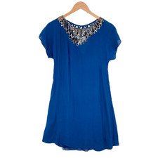 BCBGMAXAZRIA Shift Dress Womens 2XS Blue Chiffon 100% Silk Cap Sleeve Pullover