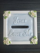 Blue Baby Boy Square Piggy Bank Jesus Loves Me 3x3 1/2