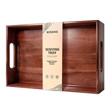 Acacia Wood Serving Tray with Handles, 17 x 12 Inch Large Wooden Tray for Foo...