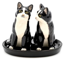 Hand Painted Porcelain Salt and Pepper Shakers Set with Tray Decor -Tuxedo Cat