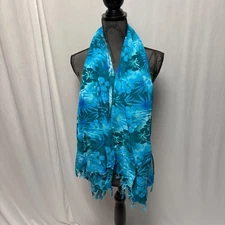 Hawaiian Floral Blue Scarf Fringe Shawl Sarong Wrap Cover Up Fashion Accessory