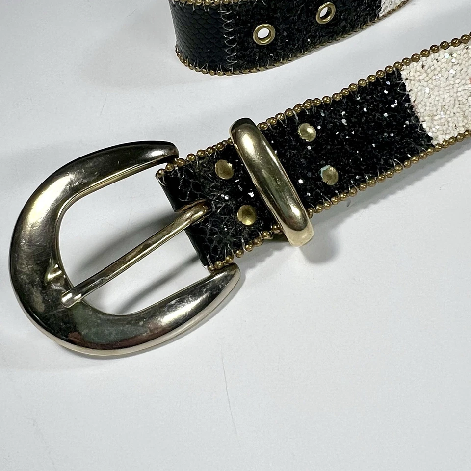80's Elite California Belt Women's L White Black Glitter Sparkle Lace Gold Studs - Image 3 of 4