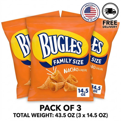 Bugles Nacho Cheese Corn Snacks 14.5oz Family Size Pack of 3 Crispy Salty Chips 