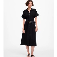 Madewell Petite Pleated Button-Front Midi Shirtdress 100% Linen Black PM MP NWT