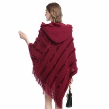 Cape Faux Fur Knitted Poncho Blanket Wrap Shawl Hooded Tassel Sweater Poncho