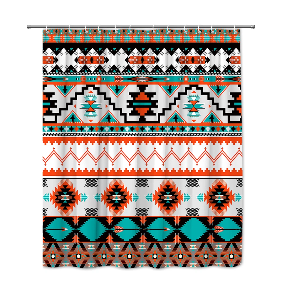 Cortina de Ducha Geométrica Navajo Tribal, Patrón de Pixeles Étnicos del Suroeste Foto 2 de 4