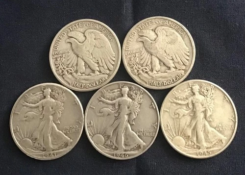 walking liberty half dollar roll, 5 coins in good condition, lot sale