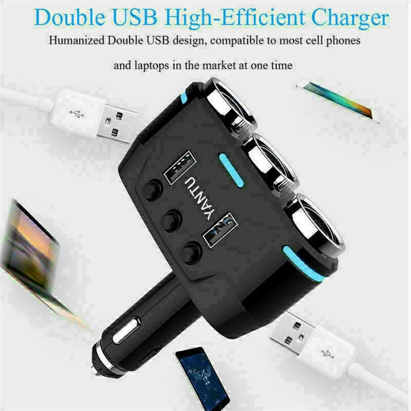 Power Adapter 3Way Cigarette Lighter Socket Splitter DC 12V Dual USB Car Charger - Image 3 of 4