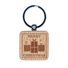 Merry Christmas Holiday Gifts Engraved Wood Square Keychain Tag Charm