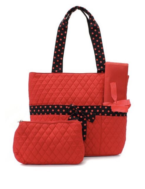 NWT Red & Black Polkadot 3 Piece Quilted Diaper Bag/Tote Bag {Monogram +9.99}