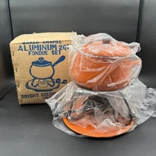 Vintage Enamelled Aluminum Fondue Set Bright Orange Mid Century Cheese Chocolate