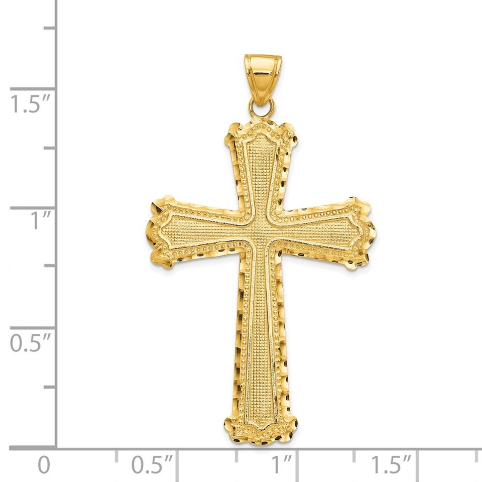 Real 14K Yellow Gold Diamondcut Cross Pendant Necklace 6.3mm Bail 42mm