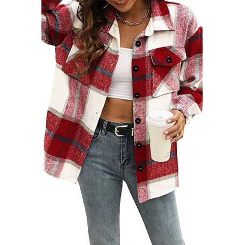 Warm Woolen Jacket Shacket Baggy Tartan Tops Check Fleece Winter Coat for Women - Picture 12 of 17