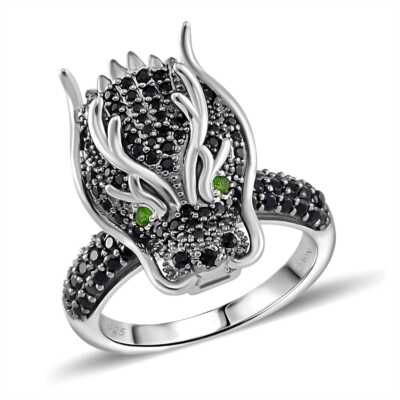 1,20 ctw schwarzer Spinell & Chromdiopsid Drachenkopf Ring rhodiniert Größe 7