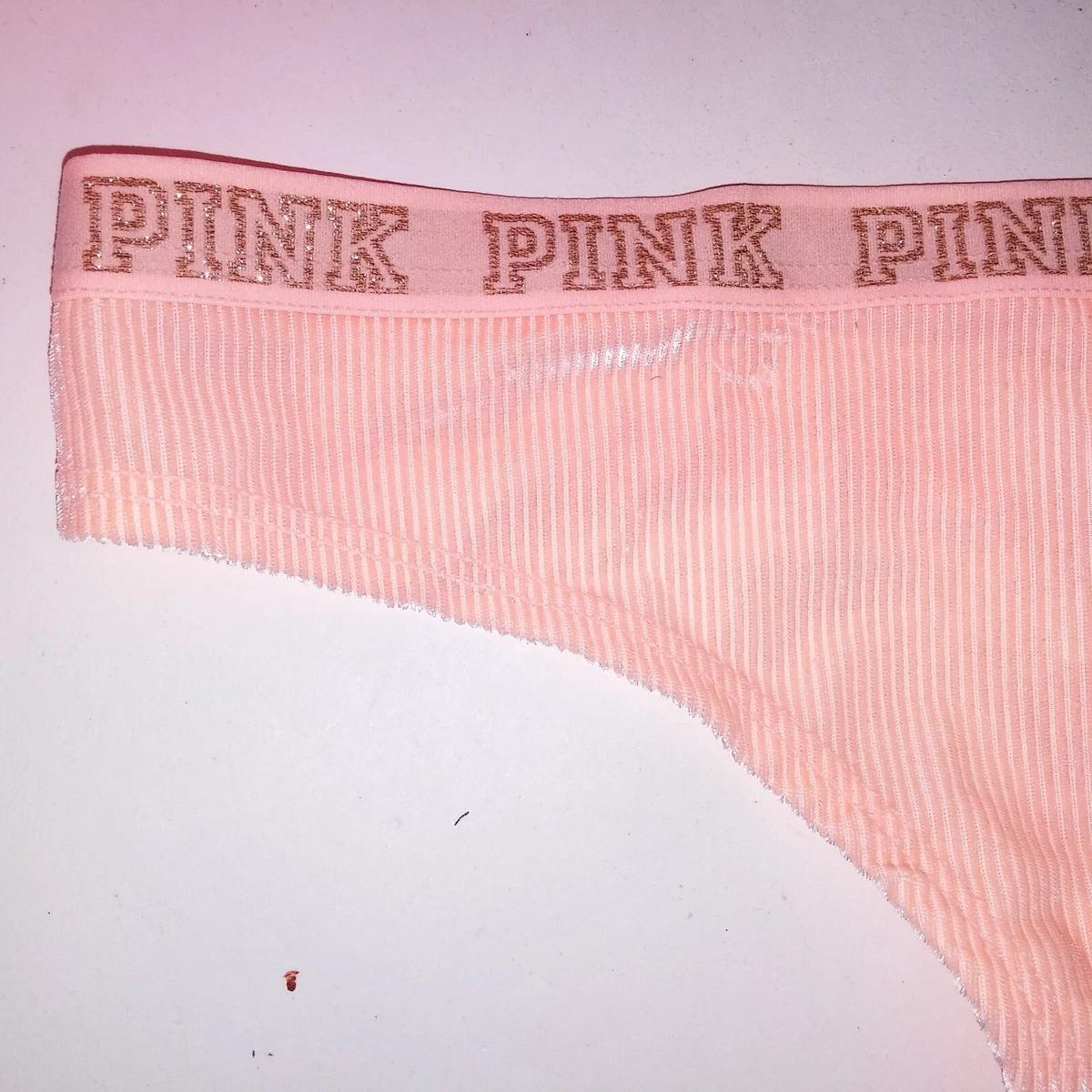 Victoria Secret PINK Panty Thong XS Peach Ribbed Logo Banded Trim New