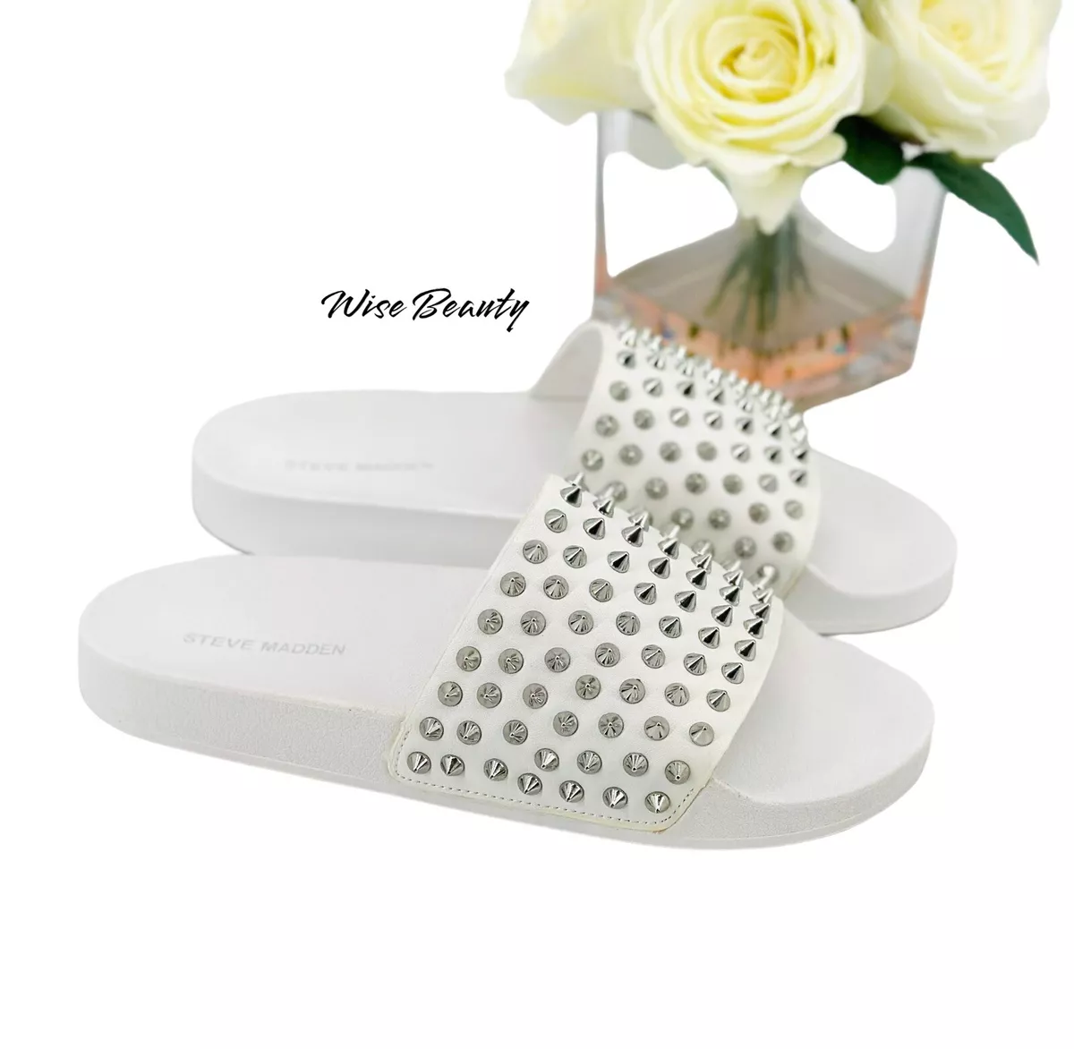 White studded slides clearance