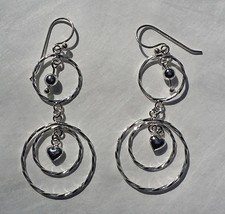 Sterling Silver 925 Hook Earrings Double Nested Circles with Heart 1.75" Drop