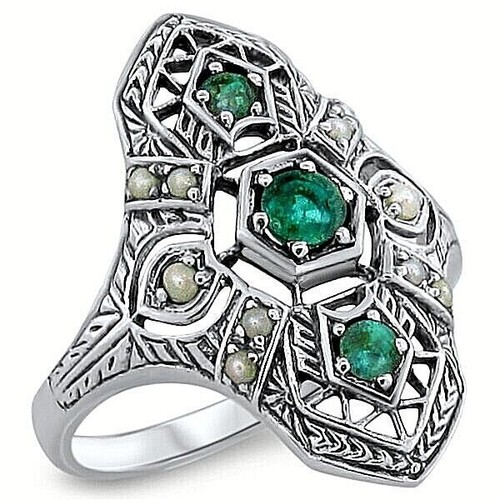GENUINE EMERAL & PEARL 925 STERLING SILVER FILIGREE ART DECO STYLE RING    #363 - Picture 2 of 4