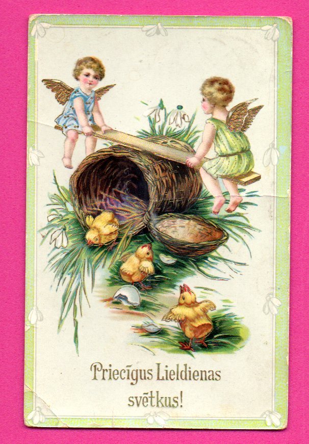 Latvia Lettland Easter Angel And Chicken Vintage Postcard 273