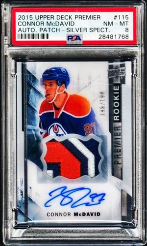 ​2015 UD Premier #115 Connor McDavid RC Rookie Silver Spectrum Patch AUTO PSA 8