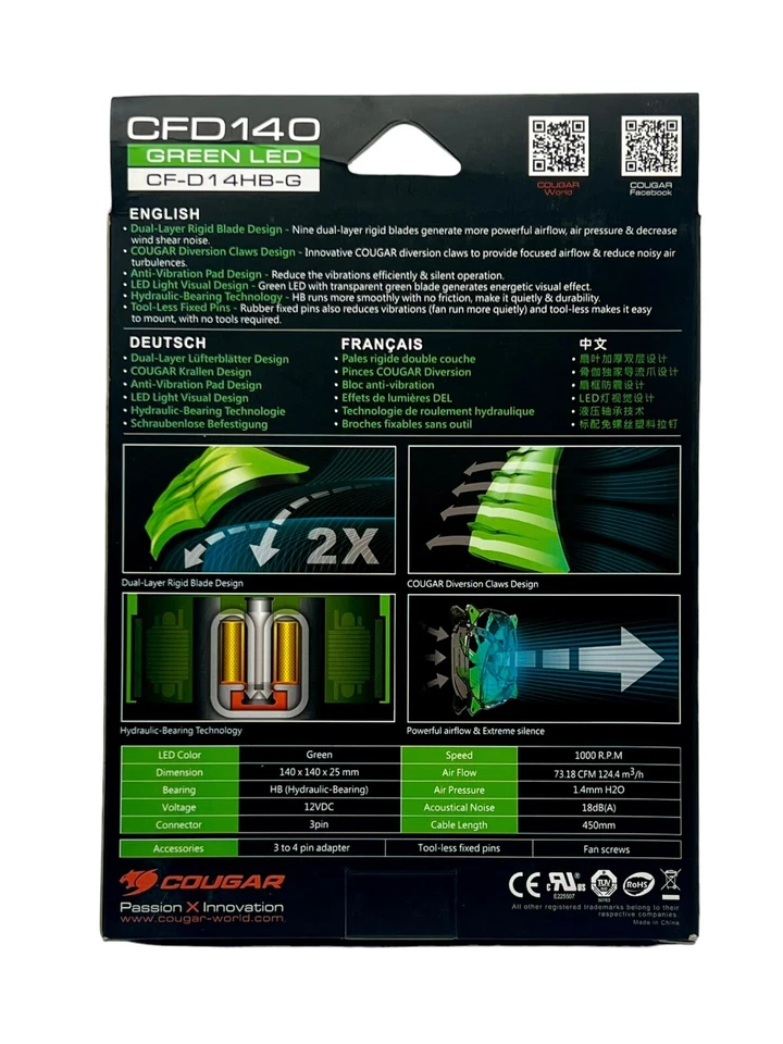 COUGAR CFD140 Green LED 140MM 3-Pin Cooling Fan Hydraulic-Bearing (CF-D14HB-G) - Image 3 of 3