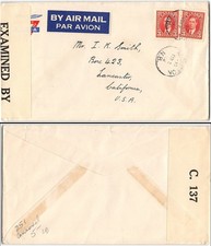 Canada #251 Moncton New Brunswick to Lancaster CA, 1942. Air mail