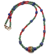 Boho Beaded Necklace Glass - Nepal Beads Red Green Blue 25” Unisex Men Women