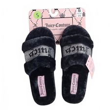 Juicy Couture JC Craven Rhinestone Faux Fur Slide Slippers Black S 5/6