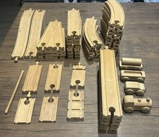Lot Of 46 Vintage Wooden Train Tracks Curved Straight And Train Cars