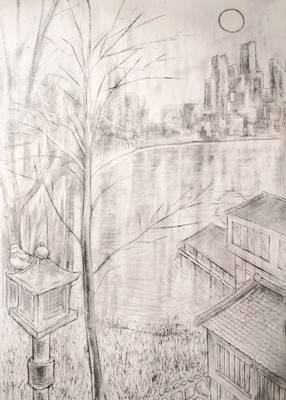 36   inch  x  24  inch Charcoal Drawing ''Lake House'' (poster size) by A. Avila 