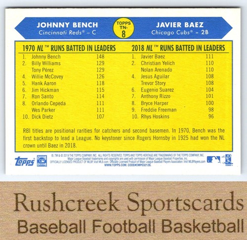 2019 Topps Heritage #TN-8 Johnny Bench / Javier Baez Then and Now - Picture 2 of 2