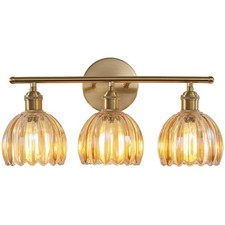 Bathroom Light Fixtures, 3-Light Brass Vanity Wall Light Over Mirror with Amb...