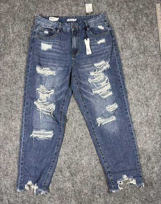 Rue21 Curvy Mom Jeans Womens 12 Blue Med Wash High Rise Distressed 33x26 NWT