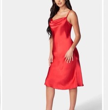Vintage BEBE SATIN COWL NECK Midi SLIP DRESS S Red Bias Cut Adjustable Straps