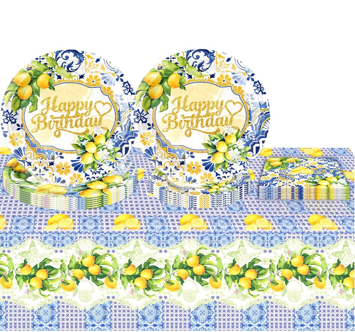 Set vaisselle anniversaire motif agrume jaune en carton rigide biodégradable
