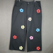 Cider Women's Size 2XL Black Wide-Leg Pants Colorful Flower Print