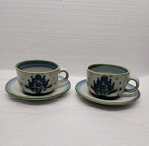 M. A Hadley Studio Pottery Blueberry Bouquet Tea Cup and Saucer Set of 2 Signed