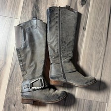 Levity gray leather knee-high boots featuring stylish buckle detailing