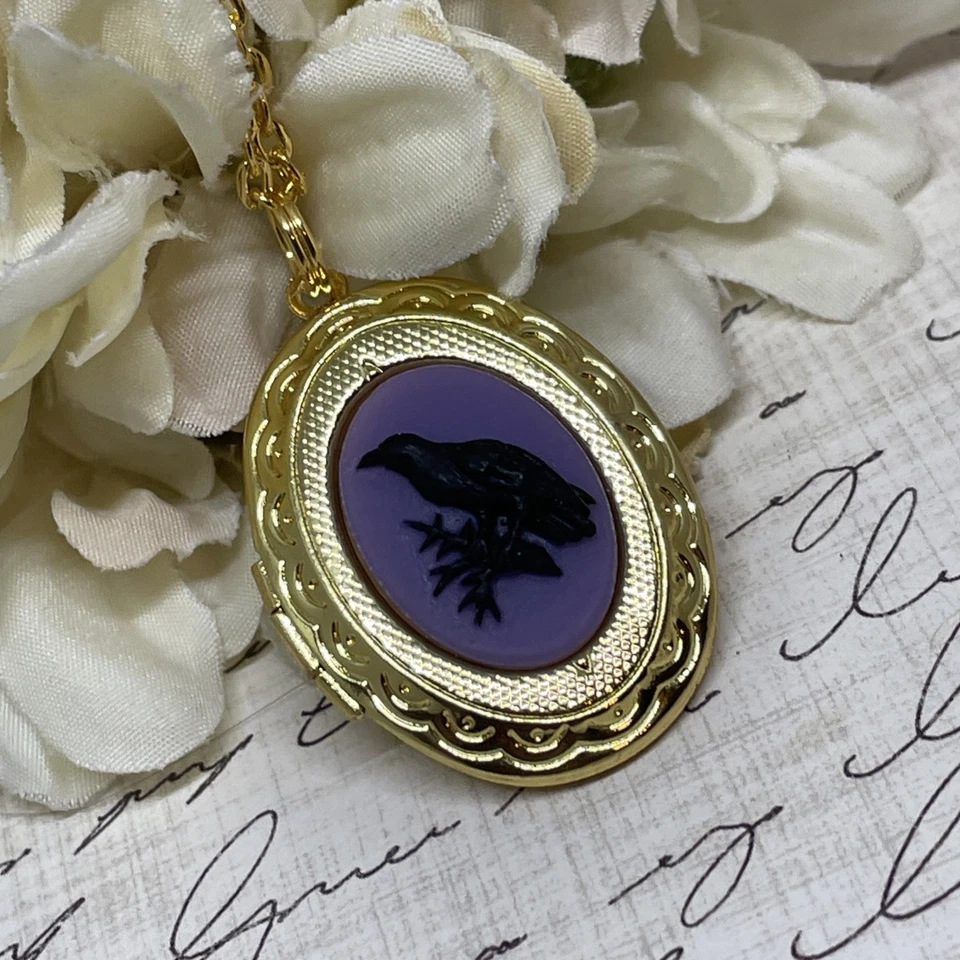 Collar Medallón Cuervo Negro Oro Púrpura Colgante Gótico Boda Halloween Foto 2 de 4