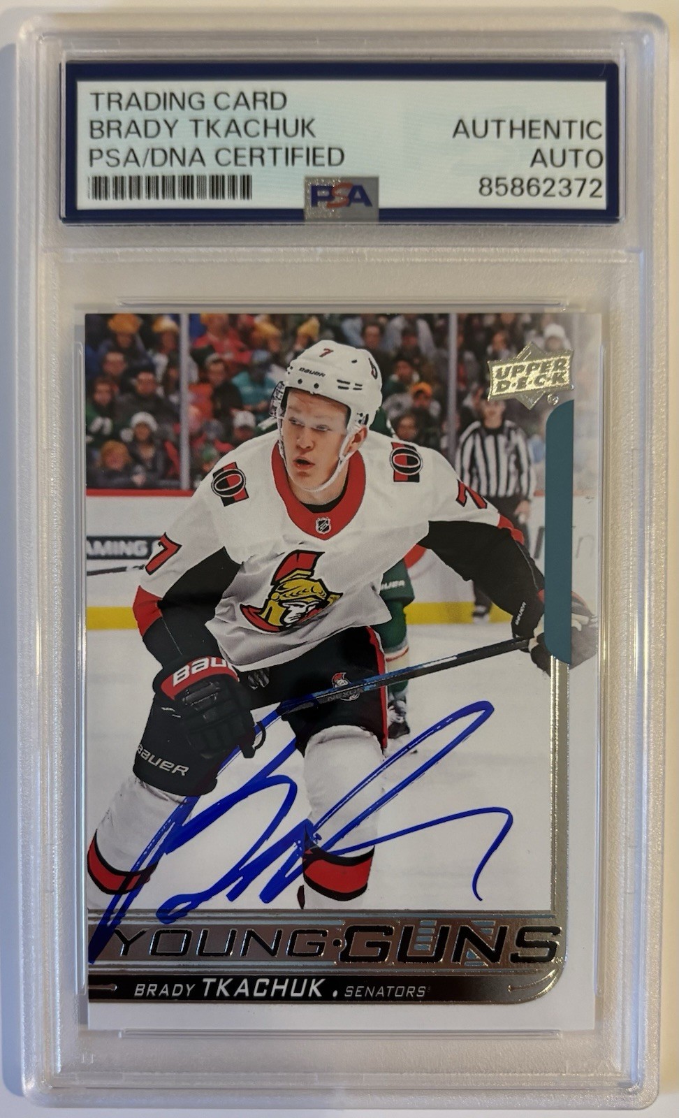 Brady Tkachuk Signed 2018 Upper Deck Young Guns RC Card #499 PSA Auto