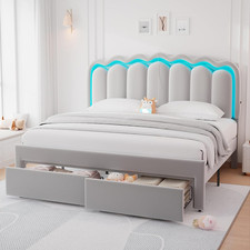 King Upholstered LED Bed Frame with 2 Storage Drawers and Adjustable Chic Double