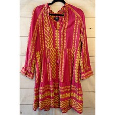 Maeve by Anthropologie Pink Yellow Geometric Embroidered Tassel V-Neck Dress XS