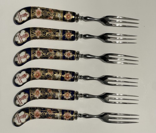 Set of 6 Royal Crown Derby Old Imari Fruit Forks w/Porcelain Handles - Picture 8 of 12